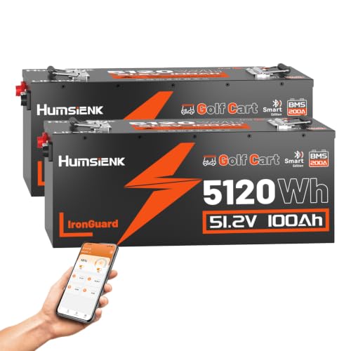 Image of HumsiENK 2Pack 48V 100Ah Golf Cart Battery, Metal Casing LiFePO4 Battery with 200A BMS (410A Peak), Bluetooth & LCD Monitor, 5.12kWh Deep Cycle Lithium Replacement for Club Car, EZGO, Yamaha