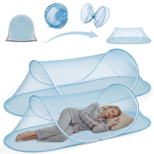 Image of 2 Pcs Large Pop up Mosquito Tent Portable Foldable Mosquito Bug Net for Bed Camping Travel Patio Outdoor 78 * 31 * 22 Inch Bug Netting Mesh Tent Canopy for Adults Bedroom, Blue