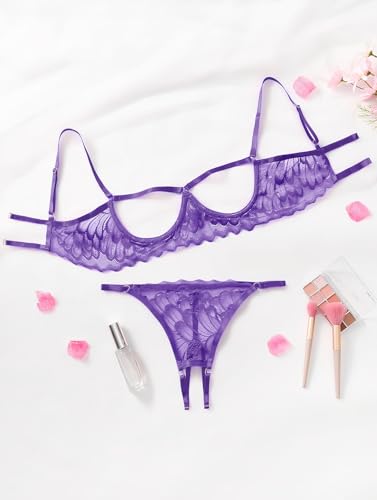 Image of Lilosy Sexy Underwire Floral Lace Sheer Lingerie Set for Women See Through Bra and Panty 2 Piece