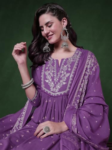 Image of PARTHVI Women's 100% Pure Cotton Anarkali Kurta Set with Pant & Dupatta | Embroidered Flared Kurta | Elegant Ethnic Suit