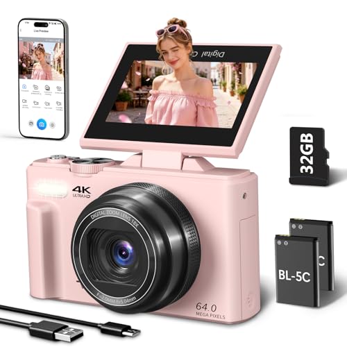 4K Digital Camera for Photography 64MP Vlogging Camera for YouTube with 3 180 Flip Screen WiFi Compact Camera with 18X Digital Zoom Comes with 32GB Micro SD Card & 2 Batteries Pink