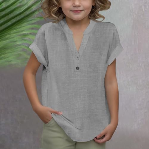 Cotton Linen Shirts for Girls Short Sleeve Kids V Neck Button Dressy T-Shirt Solid Color Loose Trendy Tops Tees 20252