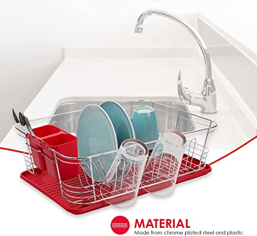 Joey'z Large Red Contempo 3 Piece Dish Rack Sink Set With Removable Drainboard, Cup Holders & Utensil Holder - Heavy Duty Chrome Coated Wire - 17.5" X 13.5" X 5.5" #TOP1