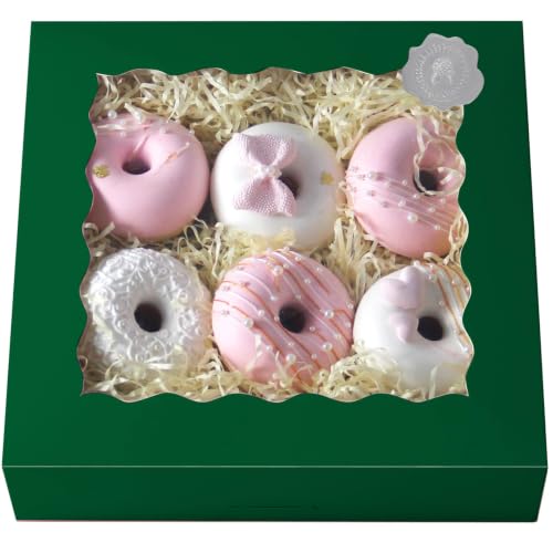 qiqee Auto-pop up Deep Green Pie Boxes with Window 10x10x2.5 inch 30Packs Cookie Donut Bakery Box