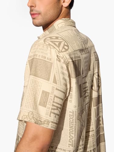 Image of The Souled Store Official Iron Man: Marvel News Men and Boys Short Sleeves Collared Neck Button Front Beige All Over Printed Regular Fit Holiday Shirts