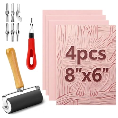 Image of 6 Pack Linocut Kit for Printmaking, 4 Pcs Rubber Stamp Carving Blocks