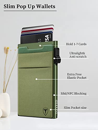 Image of TOYFID Slim Wallet for Men,Pop Up Credit Card Wallet Aluminum Minimalist RFID Blocking Smart Card Holder with Cash Slot for Front Pocket,6-12 Card Capacity, Green