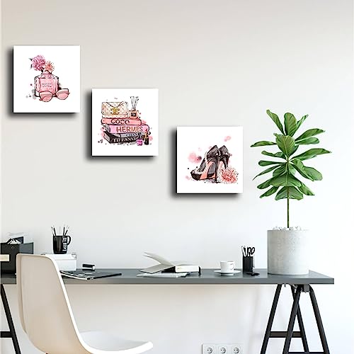 Image of Meetdeceny Pink Wall Art Fashion Woman Wall Decor Pictures Perfume High Heels handbag Artwork for teen girls room decor photos Decoration for Bathroom Bedroom Office 14 inchx14 inchx3