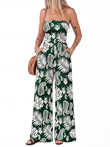 BTFBM Jumpsuits For Women Casual 2026 Floral Strapless Jumpsuit Wide Leg Rompers Beach Vacation Clothes Summer Outfits(Floral Dark Green White, Medium)