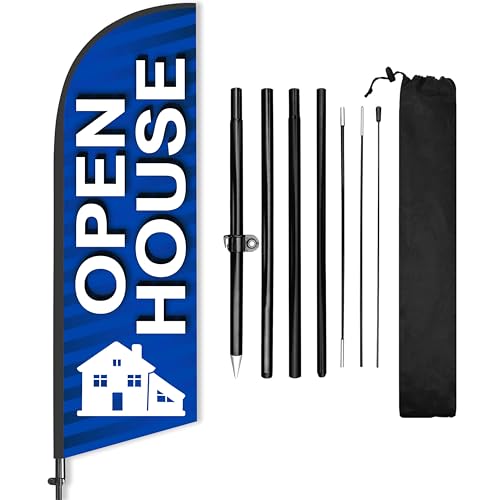 Open House Flag 8 ft Blue Feather Pole Kit Ground Stake Real Estate