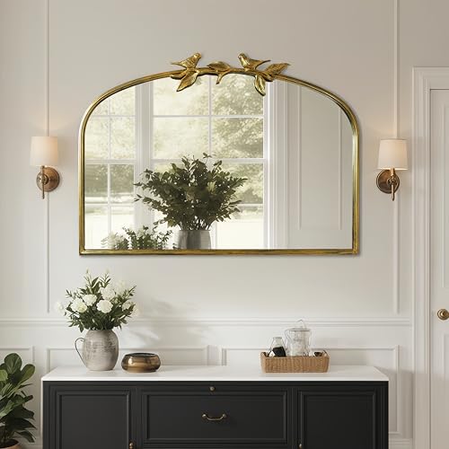 Oujchenghome Horizontal Gold Vintage Mirror - 36x25.5 Inch Arched Antique Mirror with Ornate Frame for Bathroom Living Room Fireplace Entryway