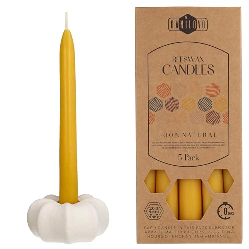 Danilovo Portacandele Minimalista in Ceramica con Candele in Cera d’Api – Set da 6 (5 Candele a Stelo + 1 Portacandele)