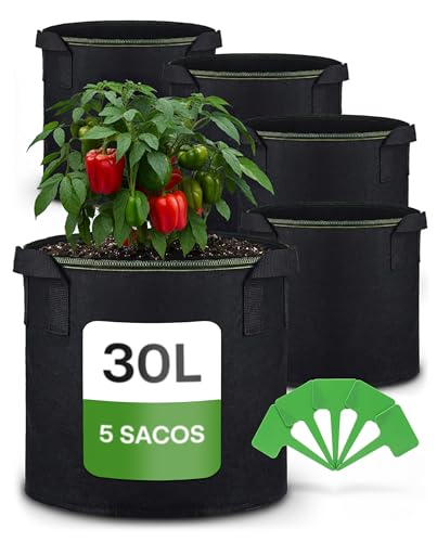 Bolsa De Cultivo Para Plantas 30l - 5 Bolsas Para Plantar De Tela No Tejida Con Etiquetas - Con Asa - Maceta Geotextil Para Plantas, Verduras Y Hortalizas