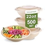 [500 Count]Sugarfiber by Harvest Pack 22oz Round Bowls PFAS Free with PLA coating with PET Lid -Heavy-Duty Eco-Friendly Disposable Bagasse Sugarcane Bowl for Meal Prep