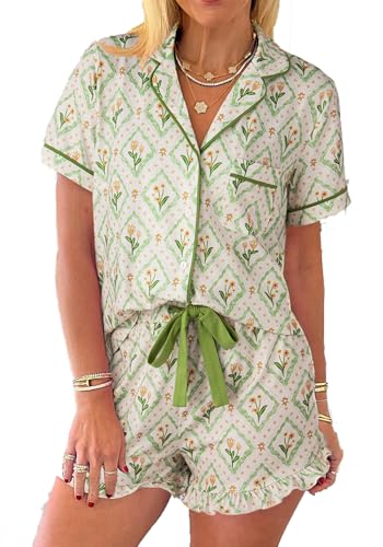 Image of KevaMolly Women Novelty Knotted Candy Cane Christmas Pajama Set | Christmas Floral Bow Print PJ Set, Button Lapel Knotted Drawstring Shorts with Convenient Side Pockets