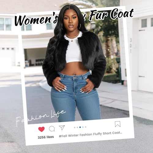 Petite Cropped Fur Coat for Women, Faux Furry Long Sleeve Fluffy Jacket Open Front Winter Shaggy Warm Outwear.3