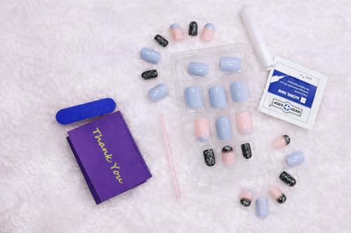 Image of Pastel Blue & Pink Ombre Press On Nails with Black Glitter Tips | Glossy Square Shape Fake Nails | Reusable Stick On Nails for Women (24 Pcs Nail Kit)
