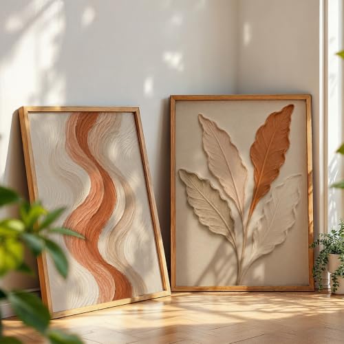 Image of NoWorries Textured Leaf Wall Painting Set of 2 with Frame | Terracotta Beige Abstract Line & Botanical Leaf Artwork, Modern Neutral Nature Wall Decor for Living Room, Bedroom, Office and Home Decoration (Art-2, 21x31inch)