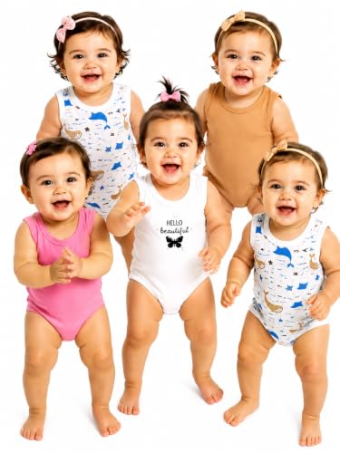 Image of TuddyBuddy 100% Cotton Multicolor Sleeveless Camisole Rompers /Bodysuits for Baby Girl (Pack of 5, 2 Whales 3 Multi, 3-6 Months)