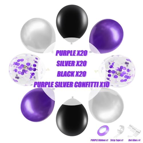Image of Black Purple Silver Balloon, 70-pack Purple Balloons for Birthday Graduation