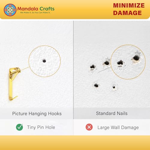 Image of Mandala Crafts Heavy Duty Pictures Hooks Kit for Mounting Art, Mirrors, Clocks Up to 50 lbs - 100 Gold Pictures Hangers with Hanging Nails for Hanging Paintings on Drywall, Plaster, Wood Walls