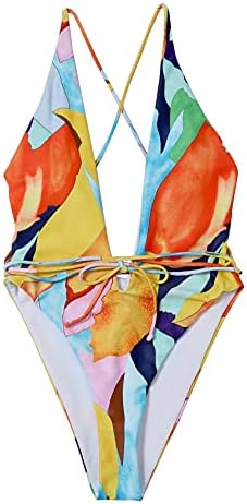 WDIRARA Women's Graphic Criss Cross Straps V Neck One Piece Swimsuit Monokini Multicoloured M