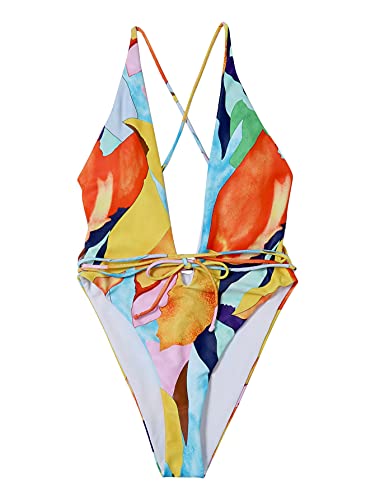 Wdirara Women's Graphic Criss Cross Straps V Neck One Piece Swimsuit Monokini Multicoloured M #TOP2