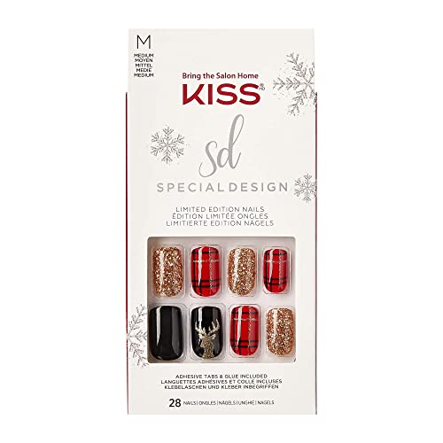 KISS Special Design Limited Edition Holiday Fake Nails, Style ‘Favorite Season’, Multi-Colored Medium Square, with 24 Adhesive Tabs, Nail Glue, Mini File, Manicure Stick & 28 False Nails