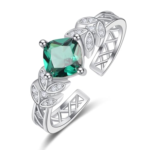 TANGPOET 6mm Simulated Emerald Rings for Women 925 Sterling Silver Adjustable Green Gemstone Leaf Rings Open Band Rings Valentine Anniversary Promise Jewelry Gifts for Her - Main Image