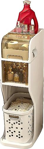 Mueble de baño estrecho con 4 cajones apilables, armario de cesta de lavandería con cestas transparentes para espacios estrechos