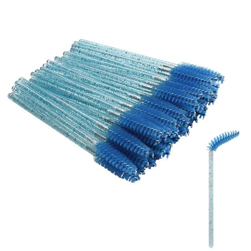 SHUBEIEUMI 50 Piezas Desechables Cepillos de Pestañas, Rimel Cepillos, Cepillos de Cejas, Brocha de Pestañas para Extensiones de Pestañas(Azul Cristal)