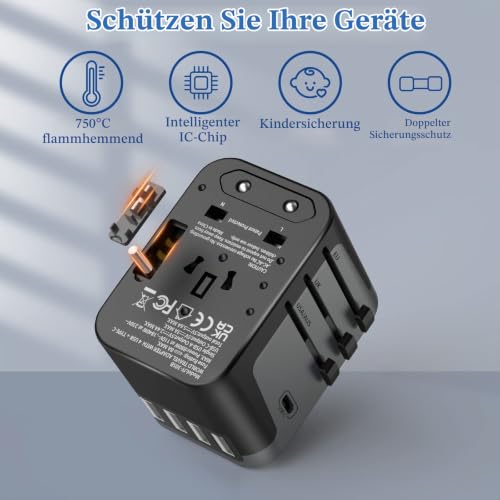 Foto von Reiseadapter Weltweitr 224+ Ländern 28W Fast Charge Universal Travel Adapter mit 4 USB Ports+Typ C und AC Steckdosenadapter Universaladapter für Deutschland USA England Thailand Italien Australien