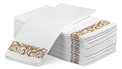 Buy 1 get 1 Laura Stein Linen-Feel Disposable Guest Towels (White with Gold Design, 100 Count)  Quality, Elegant, Soft, Absorbent Hand Napkins for Wedding Receptions, Restaurants, Bathrooms, Kitchens or Events