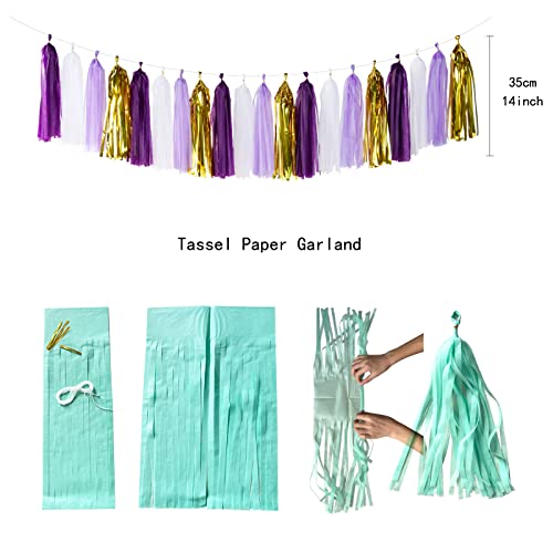 Image of Purple Gold Graduation Decorations - 30pcs Kits Lavender White Paper Flowers,Banner Flags,Tassel Streamer Garland Engagement Girl Baby Bridal Shower Party Decoration Lasting Surprise