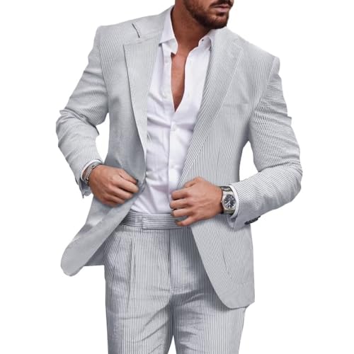 Mens 2-Piece Seersucker Suit Men Beach Wedding Casual Prom Summer Wear Striped Blazer and Pants