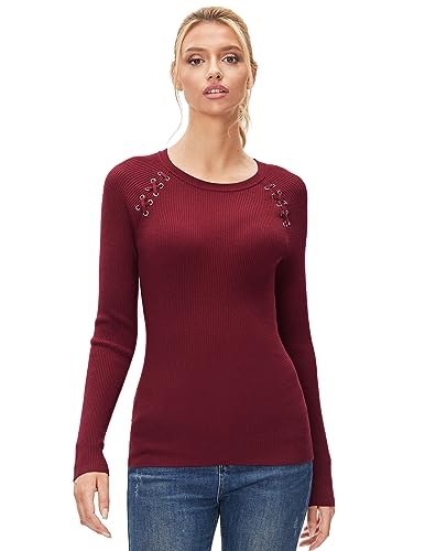 Image of AmelieBoutik Women Crewneck Criss Cross Raglan Long Sleeve Ribbed Sweater(Red Medium)