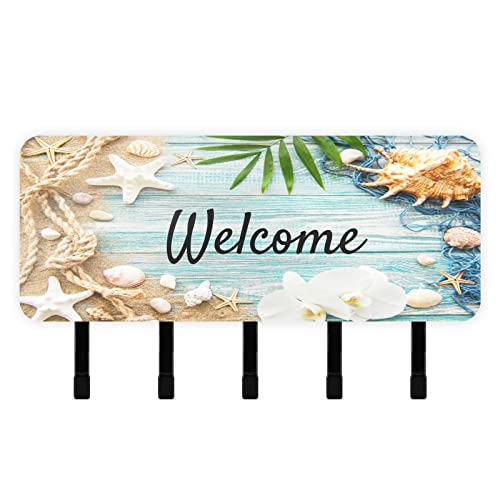 OURVII Key Holder for Wall Vintage Blue Board Starfish Wall Mounted Key Hook, Summer SeashellsMail Holder Wall Mounted, Entryway Mudroom Hallway Home Decorative Key Organizer Rack with 5 Hooks