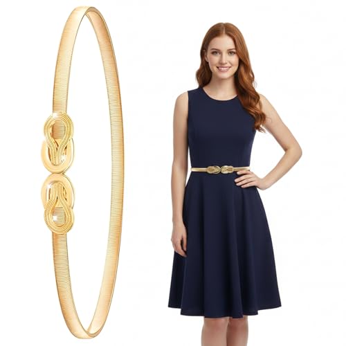 RhiVrillion Cinturón Fino para Mujer Dorado Ajustable con Hebilla de Aleación Metálica - Elástico, 70 cm x 2.5 cm, para Vestidos de Fiesta, Bodas, Oficina o Looks Diarios