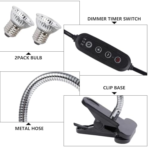 REPTI HOME Reptile Heat Lamp, Reptile Heat Lamp Clamp with 360° Rotatable Hose and Timed for Reptiles Lizard Turtle with 2 Pack 50W Heat Bulbs - 5