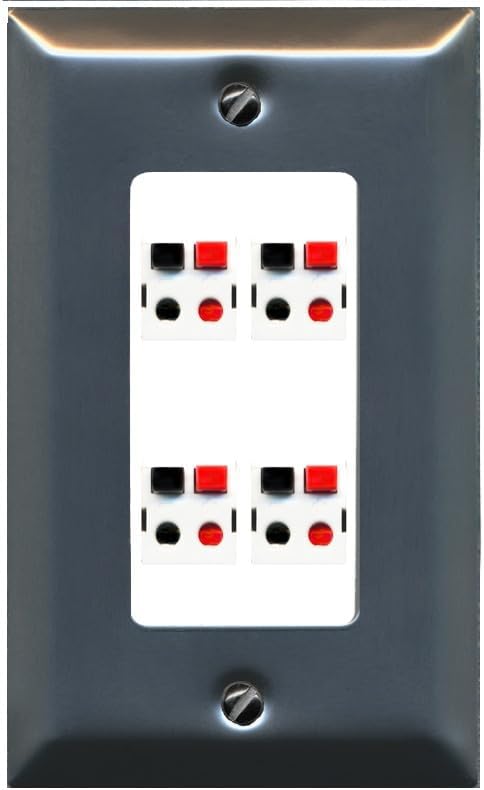 RiteAV 4 Port Speaker Wire Plug Jack Wall Plate - 1 Gang Decorative [Stainless/White]