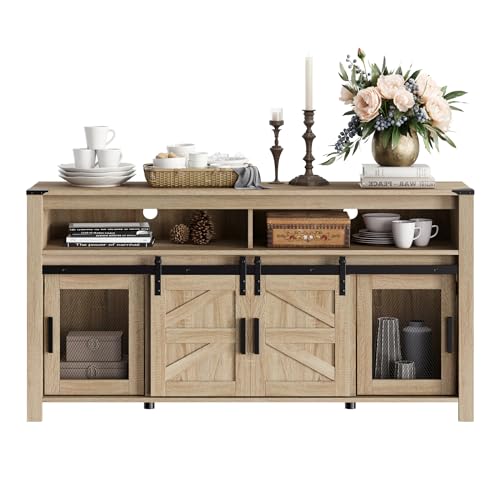 WAMPAT-Farmhouse-Buffet-Cabinet-Rustic-Sideboard-with-Sliding-Barn-Doors-59-Coffee-Bar-Storage-Cabinet-with-Mesh-Doors-Light-Oak-Cupboard-Table-for-Kitchen-Dining-Room-Living-Room WAMPAT Farmhouse Buffet Cabinet Rustic Sideboard with Sliding Barn Doors 59 Coffee Bar Storage Cabinet with Mesh Doors Light Oak Cupboard Table for Kitchen Dining Room Living Room