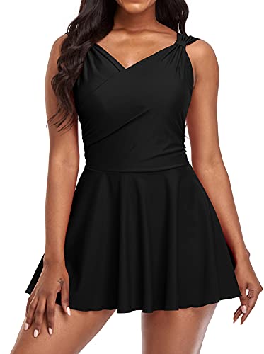 Womens Elegant One Piece Swimdress Tummy Control Crossover Skirted Swimsuit3