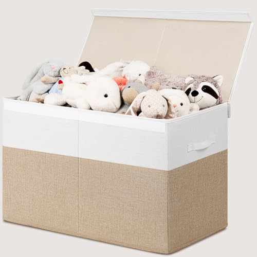 INDRESSME 25″x13″x16″ Toy Box Toy Storage Organizer with Lid Collapsible Sturdy Toy Chest, Foldable Toy Bin for Living Room, Playroom, Bedroom, Toy Baskets Storage Kids, Boys, Girls (Beige & White)