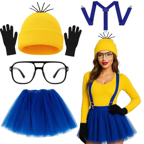 DvBCNMe 5-teiliges Set für Erwachsene Minion Kostüm Inklusive Hut Handschuhe Brille Latz und Rock Minions Kostüm Damen Perfekt für Kostümpartys und Veranstaltungen