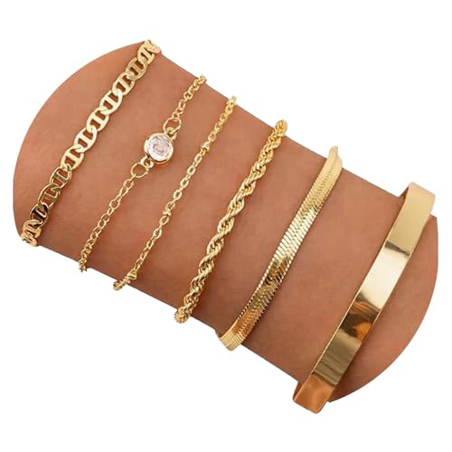6Pcs Gold Bracelet For Women, Gold Bracelet 14K Gold Plated Stacking Bracelets Rope Cuban Figaro Herringbone Bead Chain Bracelets Adjustable Trendy Jewellery Set Women Girls