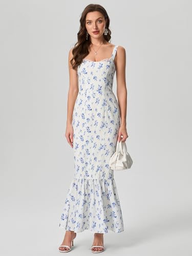 Image of HTZMO Women Casual Summer Floral Maxi Dress Square Neck Boho Wedding Guest Elegant Long Sundress
