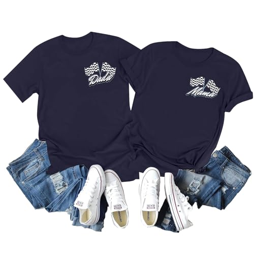 Image of Racing Birthday Party Matching Shirt Mom and Dad Car Racer Couple T Shirt Checkered Flag Short Sleeve Tee Tops