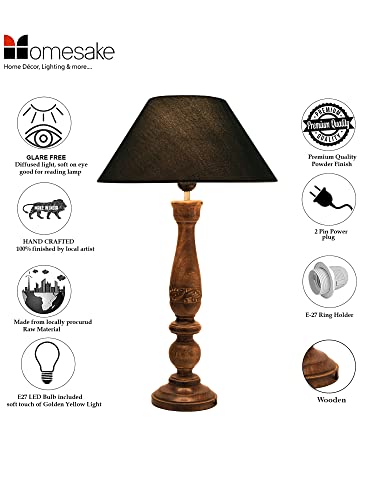 Image of Homesake Handcrafted Wooden Table Lamp for Bedroom & Living Room | Decorative Bedside Reading Lamp with Fabric Shade, E27 Holder | Bulb Included | Black Floral Carved Base for Home Decor, Green Cone