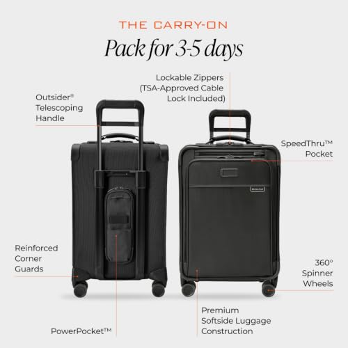 Image of Briggs & Riley Essential 22 inch Carry On Expandable Spinner - Luggage for Travel, Suitcases with Wheels, Softside Rolling Bag for Men & Women, Self-Repairing Zipper - Baseline Collection, Black