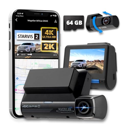 MAGELLAN Dash Cam Front and Rear, 4K/2K UHD Dash Camera for Cars, Starvis 2 IMX678 & IMX675, Included 64GB Card, Built-in Wi-Fi, GPS, APP Control, 2”7 IPS Screen, Night Vision, Parking Mode (DR45)